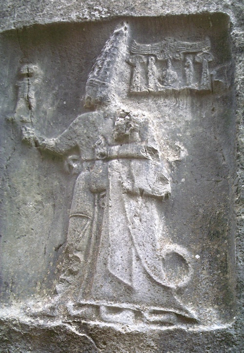 Rock carving of god Sharruma and King Tudhaliya dated around 1250 - 1220 BC in Yazılıkaya. Public Domain via Wikimedia Commons.