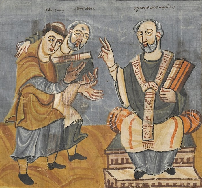 Illustration depicting Rabanus Maurus (left), as he dedicates his work to the Archbishop of Mainz. From De laudibus sanctae crucis, by Rabanus Maurus (780-856). Wein, Österreichische Nationalbibliothek, cod.652, fol. 2v (Fulda, 2nd quarter of the 9th century)