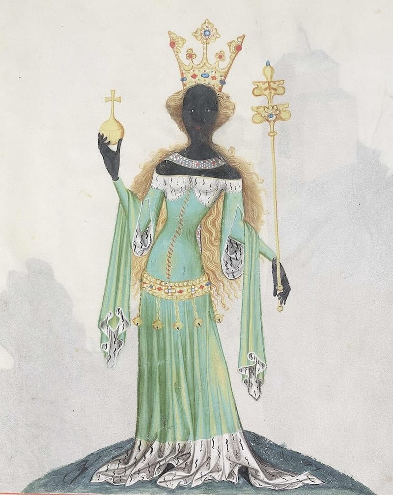 Illustration of the Queen of Sheba from the manuscript “Bellifortis” by Conrad Kyeser, ca. 1402-05. Staats- und Universitätsbibliothek Göttingen, 2 Cod. Ms. Philos. 63, Cim., fol. 122r. 