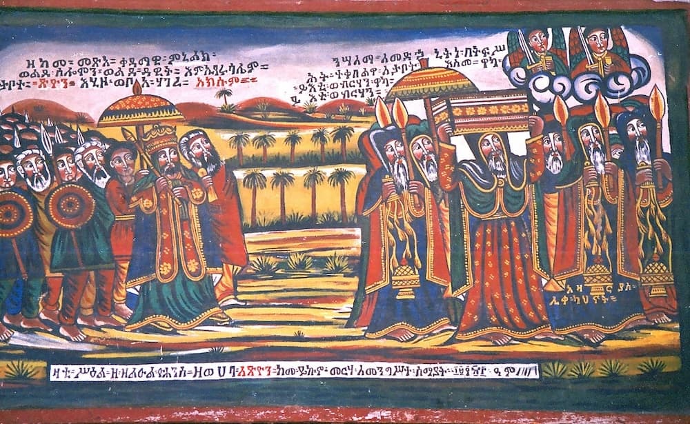 Painting of Menelik I bringing the Ark to Ethiopia, on display in the Ethnological Museum in Addis Ababa. Photo by gill_penney, CC By-SA 2.0
