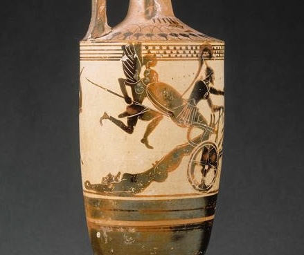 Achilles dragging Hektor’s body; Louvre CA601, early 5th BCE. Following the Gaza siege Alexander performed the same punishment on the still-living Betis, commander of the Gaza garrison. Photo © 1998 GrandPalaisRmn (musée du Louvre) / Hervé Lewandowski