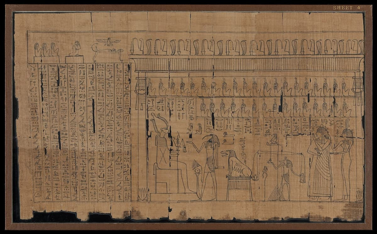 Weighing of the heart from the Book of the Dead of Neskhons, c. 300 BCE (Chester Beatty Papyrus XI.4). Once scenes like these had become accepted as depicting the decisive event of the soul’s judgment in the afterlife, it was a small step for 19th-century scholars to assume the rest of the images in such documents also depicted afterlife events. Image courtesy of the Chester Beatty Library, CC By 4.0.