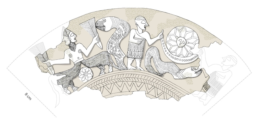 The original line art drawing of the ˁAin Samiya goblet from the records of The Israel Museum. Left scene: chimera grasping stylized plants; upright serpent; small faceless rosette between the legs – a ‘seed’ of the sun. Right scene: two deities raise a crescent-boat beneath a large rosette with human face; thick serpent below. Drawing by Florika Weiner, ©Israel Museum, Jerusalem.