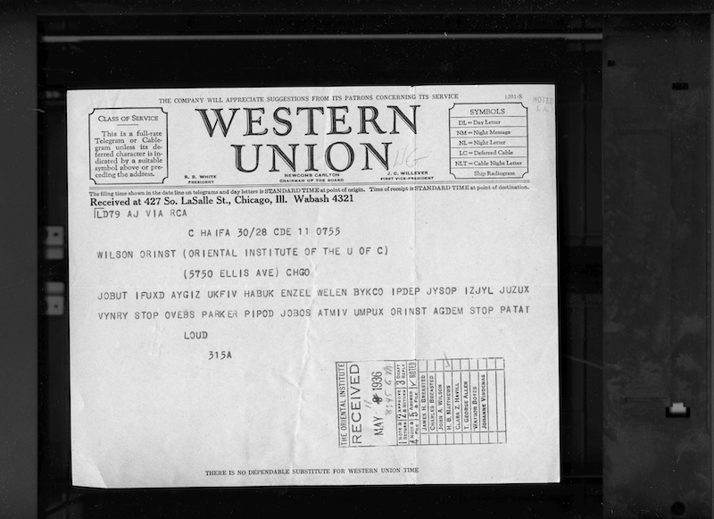 Coded cable sent from Loud to Wilson on 11 May 1936. Image courtesy of Eric H. Cline.