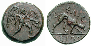 Talos hurling a rock, Golden Hound, automatons made by Hephaestus for King Minos. Bronze coin of Phaistos, Crete, ca 350 BCE, Boston, Museum of Fine Arts, 65.1291.