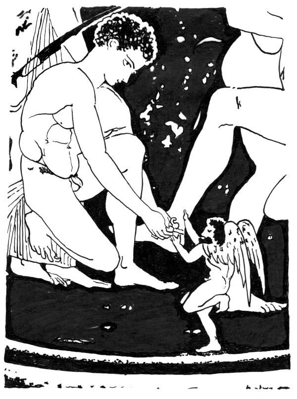 Jason using a tool to remove the bolt on Talos's ankle, after 5th century BC Montesarchio vase, drawing by Michele Angel