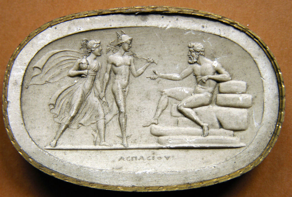Hermes presents Pandora as a bride to Epimetheus. Neo-classical gem, cast. Image courtesy of the author.