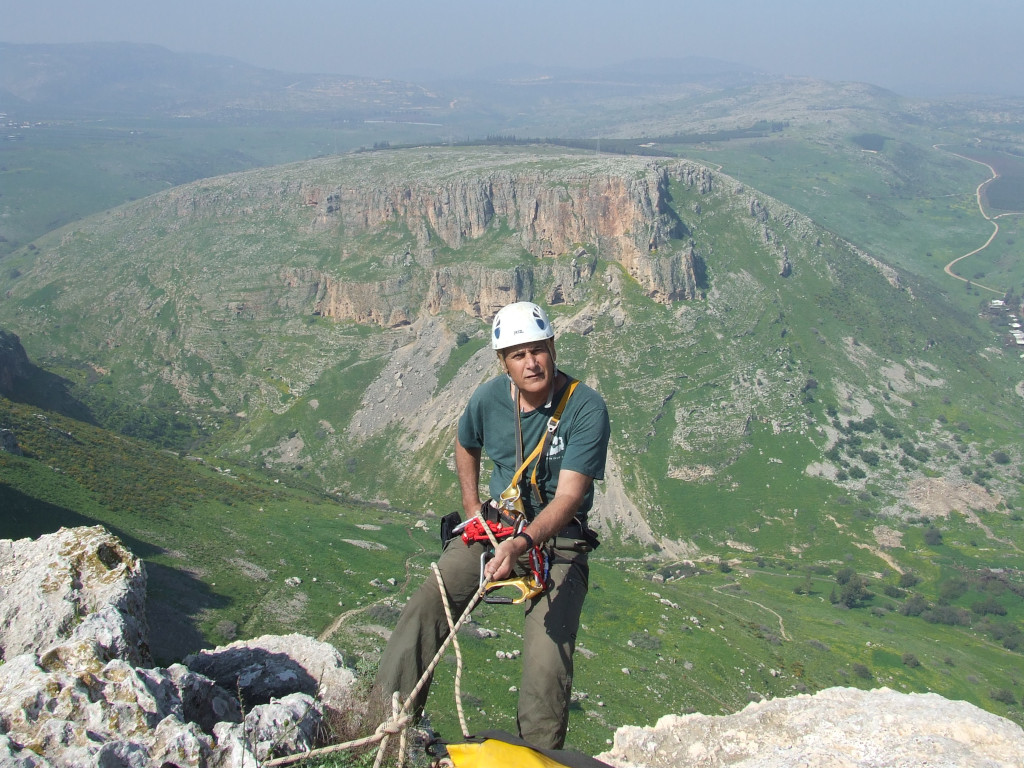 Rappelling to a cliff shelter at Arbel. Photo courtesy Yinon Shivtiel.