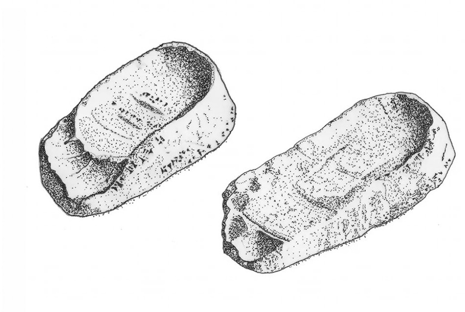 Footprints of two of the children of Ku’e pressed into clay and sealed and inscribed by witnesses, from Emar, early 12th century BCE (National Museum Aleppo M10561, M8649). Drawing by Amanda Podany, from Weavers, Scribes, and Kings: A New History of the Ancient Near East (Oxford 2022), fig. 16.2.