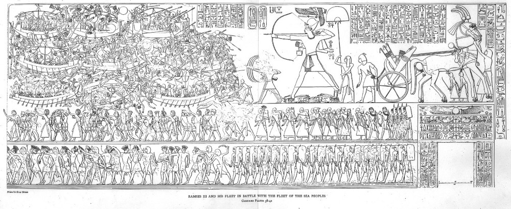 The Sea Battle of Ramesses III Year 8. Medinet Habu, drawing of relief on exterior wall of temple of Ramses III showing Ramses shooting at enemy ships. Medinet Habu, Vol I. Earlier Historical Reliefs of Ramesses III. The Epigraphic Survey, (1930), Pl. 37. https://isac.uchicago.edu/research/publications/epigraphic-survey