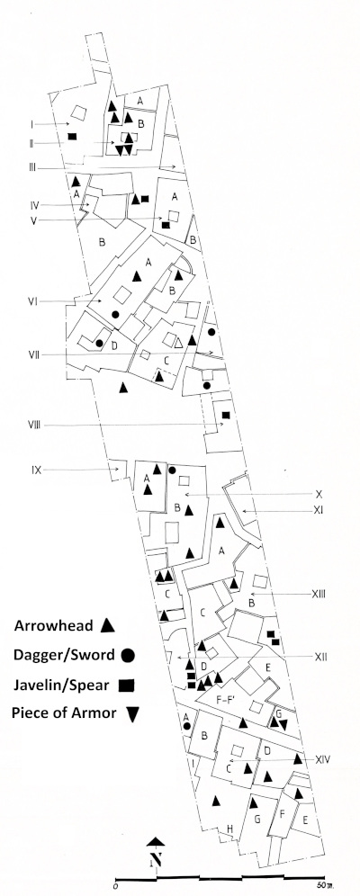 Plan of where weapons were found in the residential neighborhood of Ugarit. The houses have been lettered while streets and open spaces have been left blank. O. Callot, La tranchée “Ville Sud,” Études d ‘architecture domestique, Ras Shamra–Ougarit X, (Paris, 2013): Fig. 309.