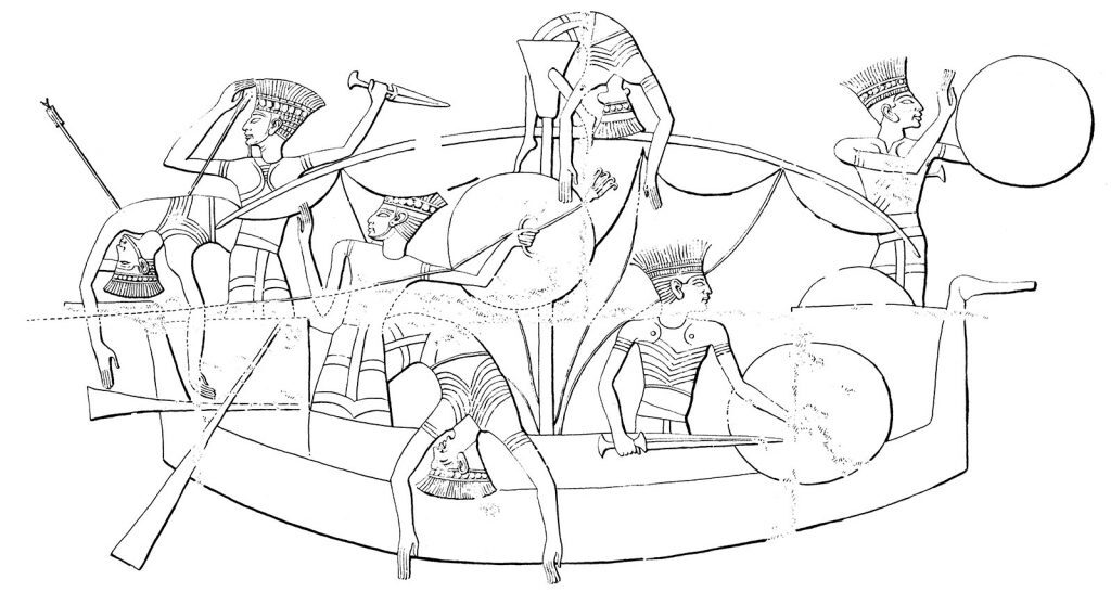 Detail from Medinet Habu of one of the ships of the Sea Peoples. S. Wachsmann, The Gurob ship-cart model and its Mediterranean context, (College Station, 2013), Fig. 2.5.
