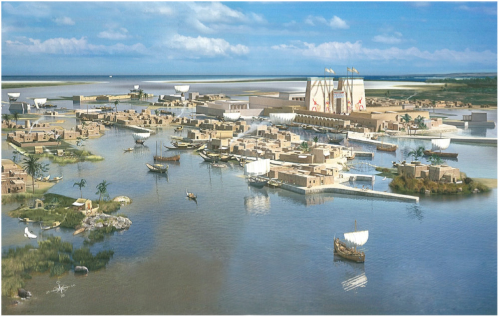 Reconstruction of the city of Thonis-Heracleion based upon the evidence from the archaeological excavations (Image © Franck Goddio/Hilti Foundation)