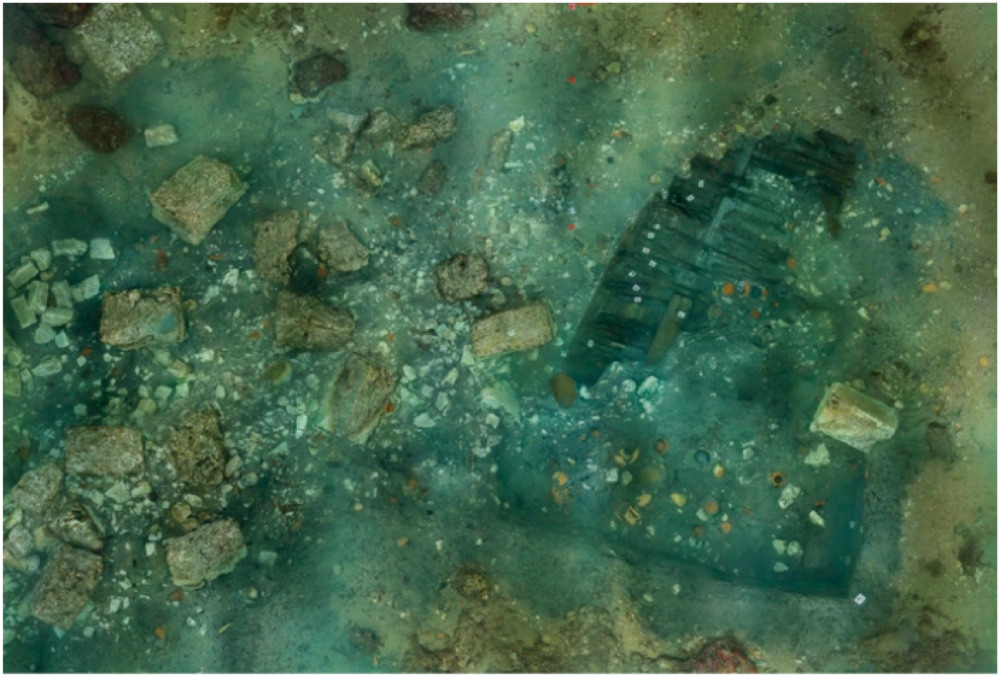 3D photomodel showing the excavation of the wider area of Ship 61 amongst the debris of the collapsed temple (Model Christoph Gerigk © Franck Goddio/Hilti Foundation)