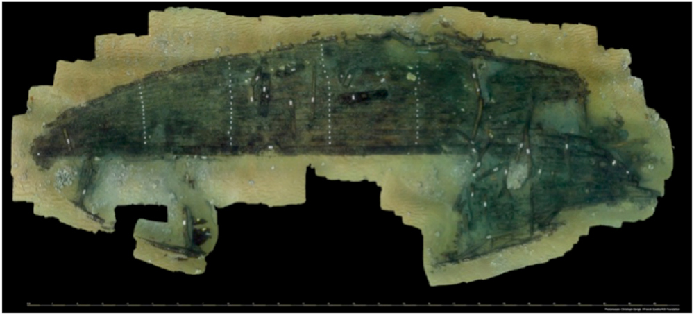 Photomosaic of Ship 17 from the 2010 mission with the position of the stakes marked (Photomosaic Christoph Gerigk © Franck Goddio/Hilti Foundation)