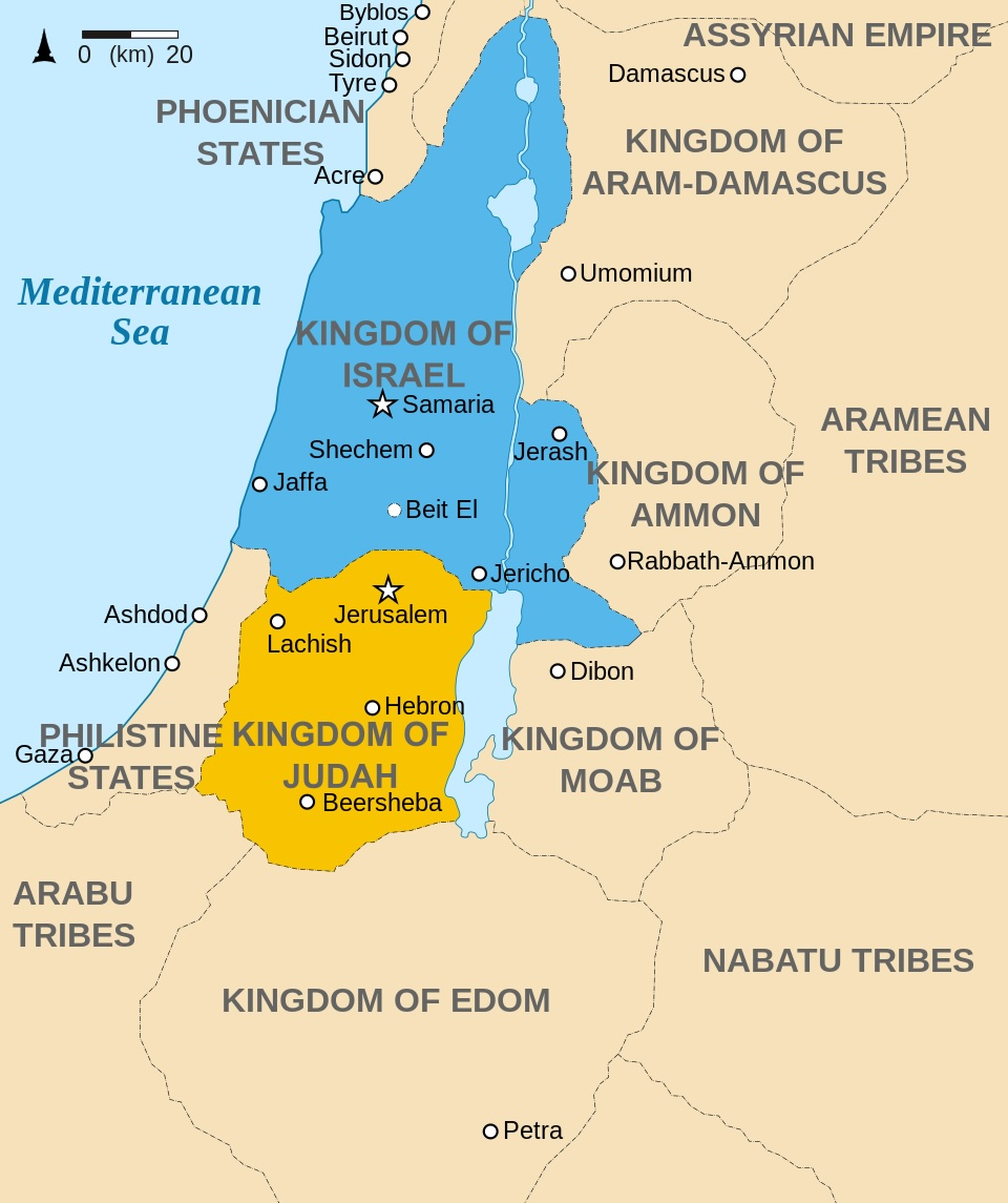 Map of the Kingdoms of Israel and Judah and surrounding kingdoms, ca. 9th century BCE. Map by Richardprins, CC By-SA 3.0, via Wikimedia.