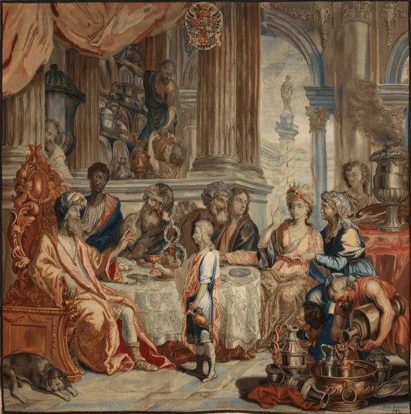 A young Cyrus offers a cup of wine to Astyages, King of the Median Empire. Tapestry in wool and silk from the van der Borcht workshop, after a drawing by Maximiliaann De Hase, 1772-76. Digital Image via The Clothworkers’ Company (CLC/TN/002), Public Domain.