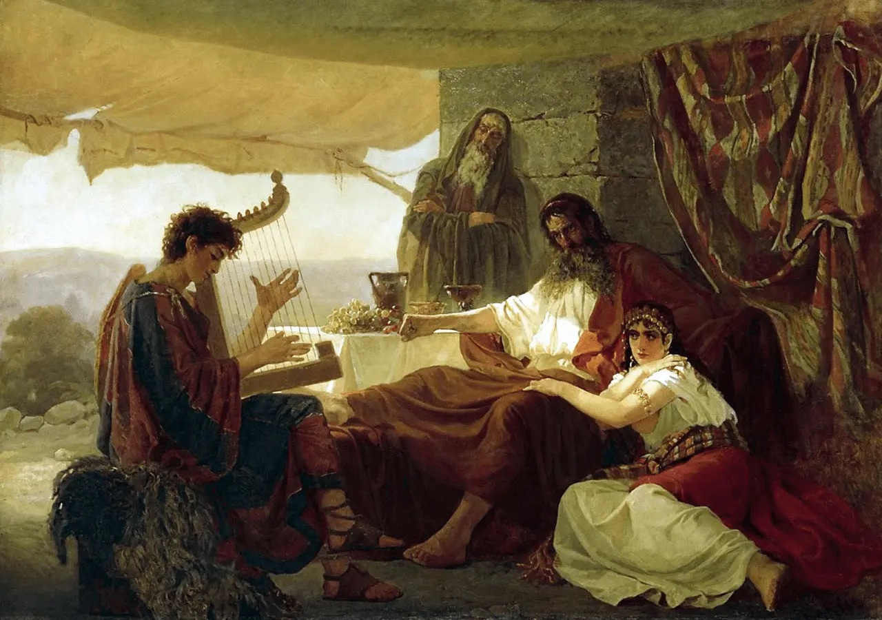 David and Saul (1873), by Nikolay Zagorskiy. David plays the harp to soothe King Saul, who was tormented by a spirit sent by God, as told in 1 Samuel 16:23. Public Domain via Wikimedia.