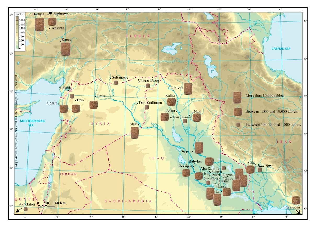 Discoveries of cuneiform tablets. English version of the map published by Xavier Faivre, B. Lion & C. Michel ‘Les principaux sites ayant livré des tablettes cunéiformes’, in M. Sauvage (ed.), Atlas Historique du Proche-Orient ancien, Paris, Les Belles Lettres/IFPO, 2020, p. 2.
