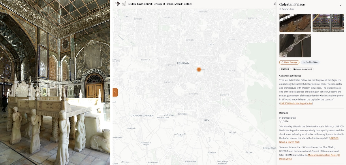 The Hall of the Marble Throne in Golestan Palace, Tehran, in 2016 before damage (© Kiersten Neumann), alongside the site record on the Cultural Heritage Watch platform, https://heritagewatch.camelab.net (accessed April 22, 2026).