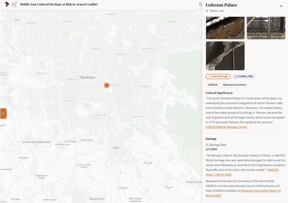 Screen shot of the site record for the Golestan Palace on the Cultural Heritage Watch platform
