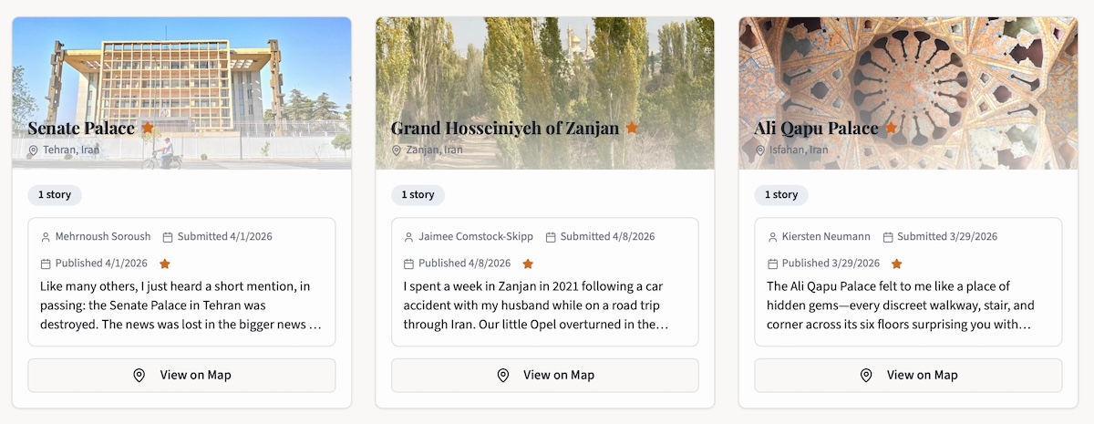 Screenshot of Stories on the Cultural Heritage Watch platform, https://heritagewatch.camelab.net/stories (accessed April 22, 2026).