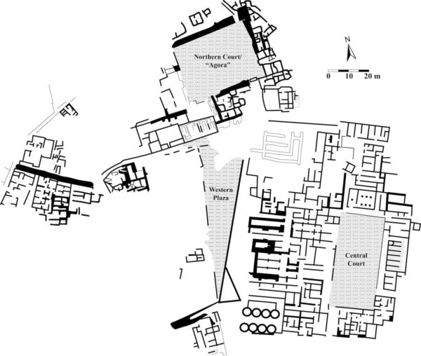 Minoan Malia (Crete), showing palace compound and western plaza. Plan by Karoll Cartography. © Brett Kaufman.