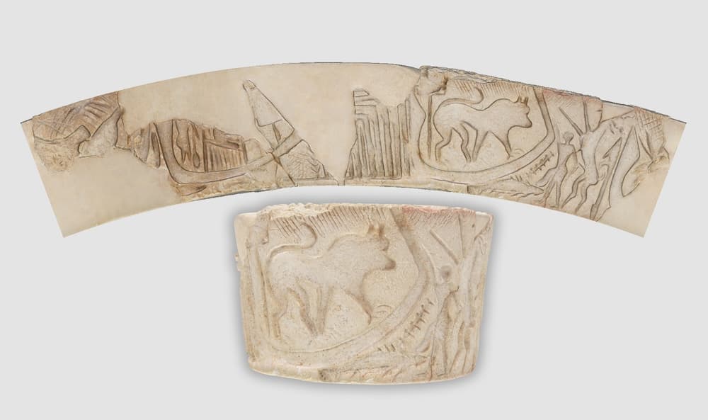 Incense burner. Limestone (with modern restoration). Nubia, Qustul, tomb L24. A-Group (3200–3100 BCE). Excavated in 1964. ISAC Museum E24069.