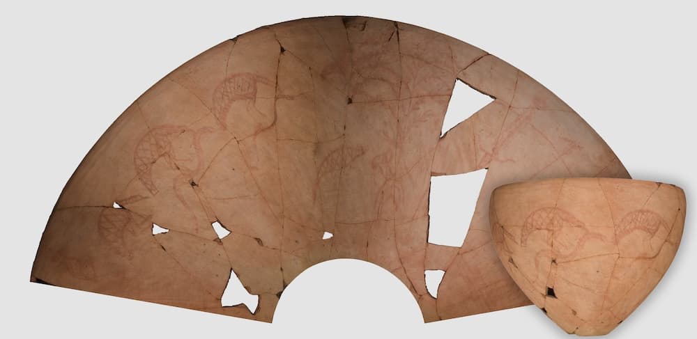Bowl with animal procession and tree. Baked clay, paint. Nubia, Qustul, tomb L23. A-group (3200–3100 BCE). Excavated in 1964. ISAC Museum E24119.