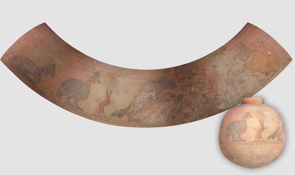 Jar with animal procession. Baked clay, paint. Sudan, Semna South Cemetery, tomb N224. Meroitic period (270 BCE–350 CE). Excavated in 1966–68. ISAC Museum E35579.
