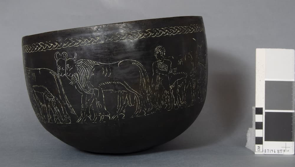 Bowl with cattle and herdsmen. Bronze electrotype reproduction of the original in Cairo (JE 41017). Nubia, Karanog, tomb G187. Meroitic period (270 BCE–350 CE). Original excavated in 1908. Penn Museum E7156.