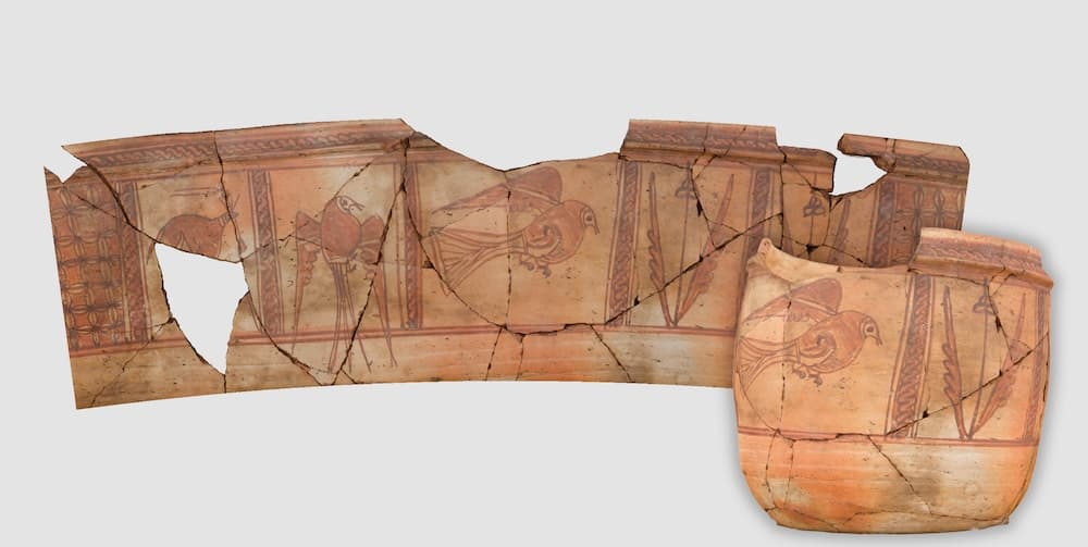 Jar with three birds and a guinea fowl(?). Baked clay, paint. Nubia, Qasr el-Wizz, Area II-UU. Medieval period (ca. 900 CE). Excavated in 1965. ISAC Museum 42001.