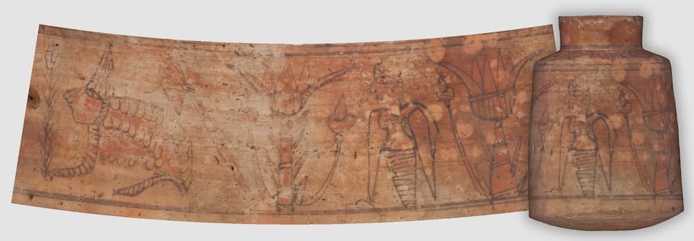 Jar with a winged goddess, a human-headed frog, and flowers. Baked clay, paint. Nubia, Ballana, tomb B66A. Meroitic period (270 BCE–350 CE). Excavated in 1963. ISAC Museum E22480.