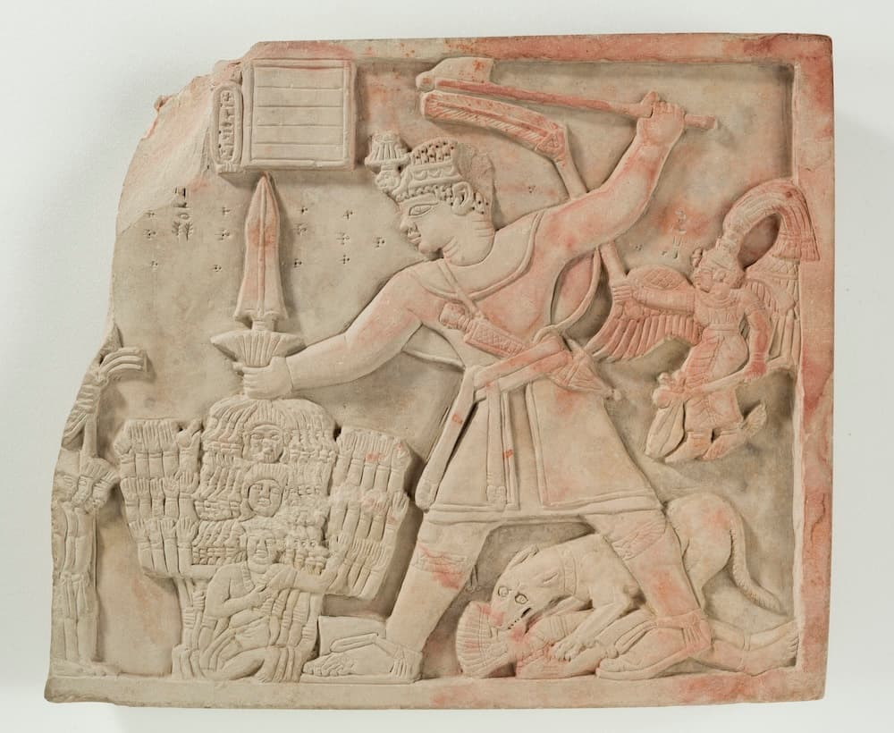 Prince Arikankharor slaying his enemies. Sandstone (exhibition replica in resin). Unknown location (Meroe?). Meroitic period (270–350 CE). Purchased in 1922. Worcester Art Museum 1922.145.