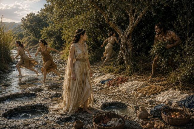 Nausicaa, daughter of the Phaeacian king, stands with her companions at the mouth of a river when the shipwrecked Odysseus emerges naked from beneath a pile of leaves after collapsing from exhaustion (Homer, Odyssey 6.127–141, produced with OpenAI image-generation tools based on prompts prepared by the author, edited by Atelier Guido Köhler & Co., Luwian Studies #6414).