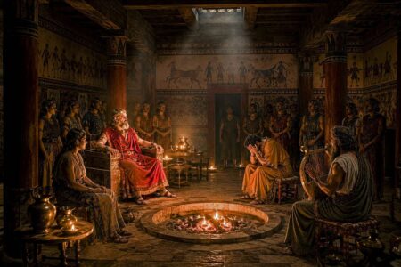 Odysseus asks the bard Demodocus to sing of the wooden horse through which Troy was taken. As the bard recounts the destruction of the city, Odysseus quietly weeps–observed only by King Alcinous (Homer, Odyssey 8.487–535, produced with OpenAI image-generation tools based on prompts prepared by the author, edited by Atelier Guido Köhler & Co., Luwian Studies #6415).