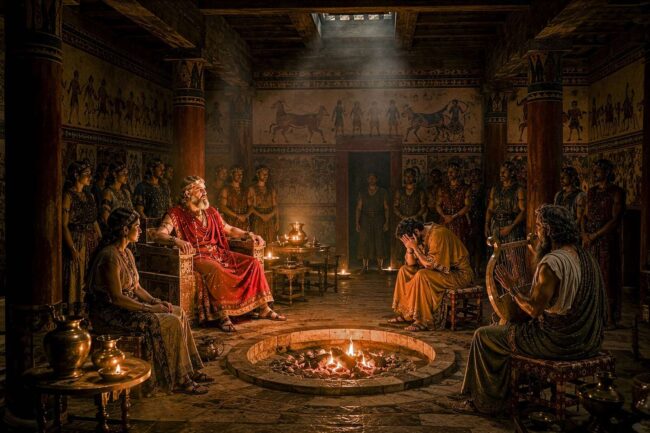 Odysseus asks the bard Demodocus to sing of the wooden horse through which Troy was taken. As the bard recounts the destruction of the city, Odysseus quietly weeps–observed only by King Alcinous (Homer, Odyssey 8.487–535, produced with OpenAI image-generation tools based on prompts prepared by the author, edited by Atelier Guido Köhler & Co., Luwian Studies #6415).