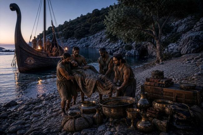 At dawn, the Phaeacians’ ship carrying the sleeping Odysseus reaches a sheltered bay on Ithaca. The sailors leave him ashore, still asleep and surrounded by the gifts bestowed upon him at the court of Scheria (Homer, Odyssey 13.95–125, produced with OpenAI image-generation tools based on prompts prepared by the author, edited by Atelier Guido Köhler & Co., Luwian Studies #6416).