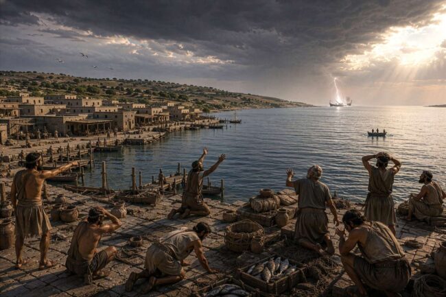 After delivering Odysseus to Ithaca, the Phaeacian ship is turned to stone by Poseidon before it can re-enter the harbor of Scheria, thus fulfilling the prophecy foretelling the city’s doom (Homer, Odyssey 13.160–167, produced with OpenAI image-generation tools based on prompts prepared by the author, edited by Atelier Guido Köhler & Co., Luwian Studies #6417).