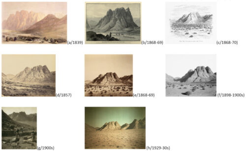 Traditional location of Biblical Mount Horeb or Ras El Sefsafa ( Arabic: the mountain of the willow tree ), one of the twenty plus repetitive sceneries across the mountain range : (a) David Roberts; (b) Charles Wilson (OS Sinai); (c) Edward Palmer (OS Sinai); (d) Francis Frith; (e) J. McDonald in 1868-69 (OS Sinai); (f) John Whiting & others (American Colony of Jerusalem); (g) Underwood & Underwood; (h) Frédéric Boissonnas