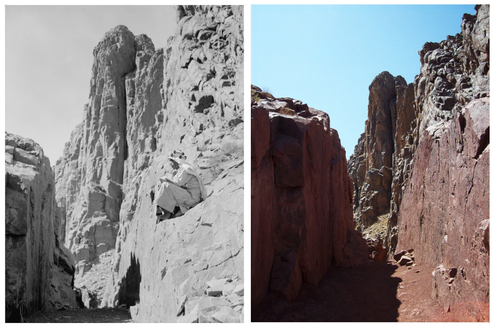 Siqqat Abbas Basha to the summit of Mount Sinai (Biblical Sinai) ― Abbas Helmi I, the Khedive of Egypt (1849-54) who visited and paved several paths in the vicinity of Mount Sinai and along the pilgrimage routes in Sinai Peninsula in 1853-54 CE: (a) 1920s-early 1930s CE by ACJ, (b) 16 September 2013 CE by SPR, Library of Congress, Prints & Photographs Division, LC-DIG-matpc-1557