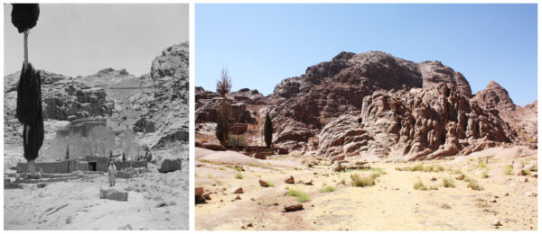 Fash and chapel (Grotto) of Elijah (Elias) part of Siqqat Sydina Musa, the Byzantine monastic and pilgrimage 3,750 rock steps path (4th-7th centuries CE) from the Monastery of Saint Catherine to the summit of Mount Sinai (Biblical Sinai): (a) 1920s-eraly 1930s CE by ACJ, (b) 30 July 2015 CE by SPR, Library of Congress, Prints & Photographs Division, LC-DIG-matpc- 15578