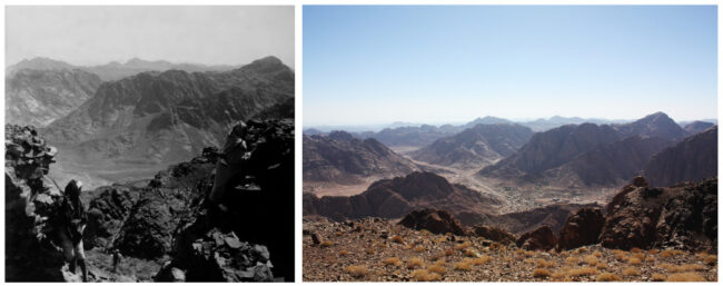 Town of Katharina (Saint Catherine) in El Melga Plain and cone-shape summit of Mount Sinai (Biblical Sinai or Gebel Musa) from the ruins of the mountain palace (Qasr) of Abbas Helmi I, the Khedive of Egypt (1849-54) who visited the peninsula in 1853-54 CE: (a) 1910-20 CE by Underwood & Underwood, (b) 13-14 August 2015 CE by SPR, Library of Congress, Prints & Photographs Division, LC-DIG-ppmsca-05050