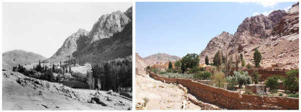 The Byzantine fortress of the Monastery of Saint Catherine and its orchard (6th century CE) and Gebel Muneiga in Wadi El Dier (Biblical Holy Valley): (a) 1898-1914 CE by ACJ, (b) 16 August 2015 CE by SPR, Library of Congress, Prints & Photographs Division, LC-DIG-matpc-07251