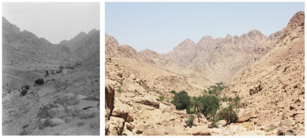 The orchards and palm groves of Wadi Tilah (Rudhwah) and the twin- summit of Gebel Hagig: (a) 1900-20 CE by ACJ, (b) 08 August 2015 CE by SPR, Library of Congress, Prints & Photographs Division, LC-DIG-matpc- 02090