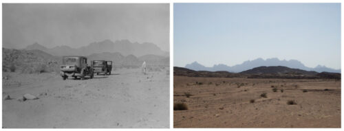The dirt-road of Wadi El Sheikh, the crown-shape summit of Gebel Serbal and the triangle-shape summit of Gebel Serbal Umm Takha : (a) 1925-46 CE by ACJ, (b) 21 September 2013 CE by SPR, Library of Congress, Prints & Photographs Division, LC-DIG-matpc-13509