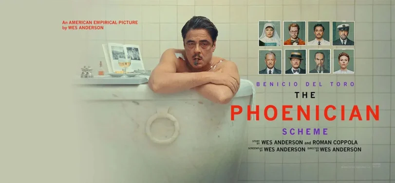 Promotional graphic for The Phoenician Scheme (2025), directed by West Anderson, Courtesy of Focus Features.