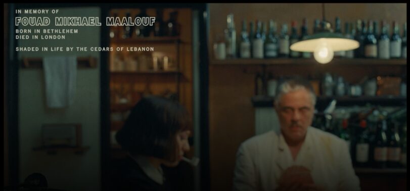 Dedication of the film in memory of Fouad Mikhael Maalouf. Still image from The Phoenician Scheme (2025), directed by Wes Anderson. Courtesy of Focus Features.