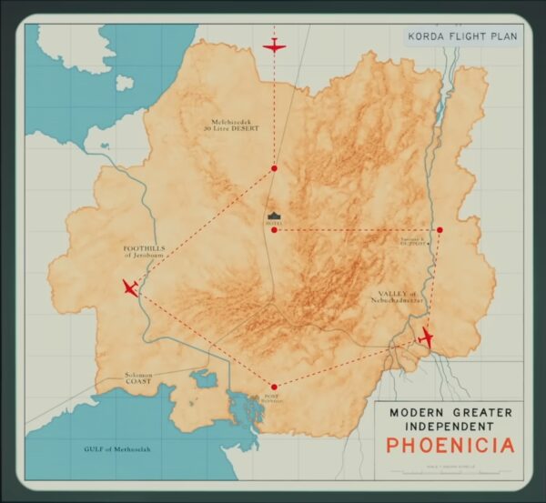 A map of the four-part “Phoenician Scheme”. Still image from The Phoenician Scheme (2025), directed by Wes Anderson. Courtesy of Focus Features.