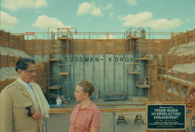 The “Trans-Basin Hydroelectric Embankment” in “Eastern Independent Phoenicia”, overseen by Korda’s second cousin (and prospective wife), Hilda Sussman-Korda (Scarlet Johansson). Still image from The Phoenician Scheme (2025), directed by Wes Anderson. Courtesy of Focus Features.